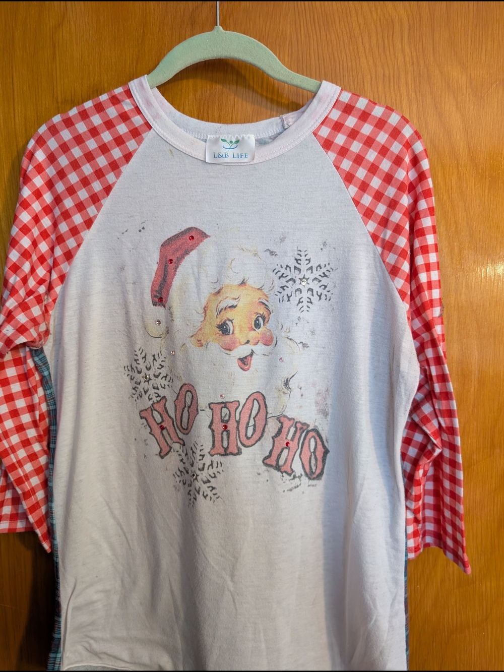 L&B White Tee with Red Gingham Raglan Sleeves